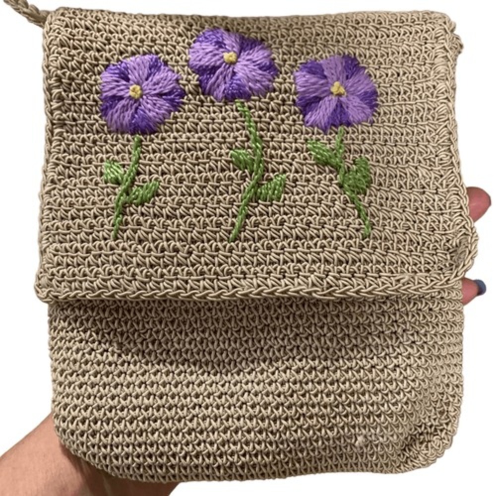 La Rue C/B Embroidered Crocheted Mini-Purse&Coin Purse Beige Purple 7-1/2x6-1/4"